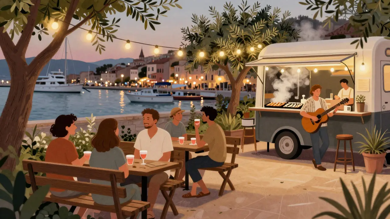 A cozy garden bar with string lights and locals sipping rosé, acoustic music playing as sardines grill nearby under twilight skies.