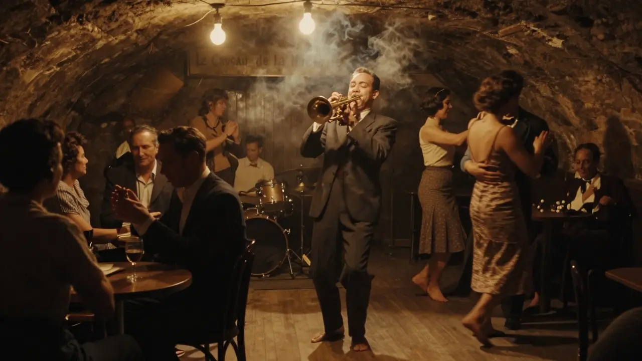 A cozy jazz cellar with musicians playing trumpet and patrons dancing without chairs.