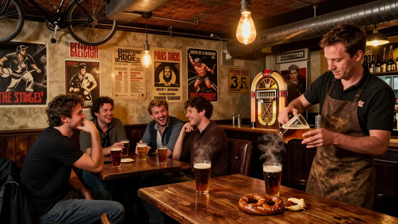 A cozy Parisian pub with wooden booths, punk posters, and men drinking pints under warm lights.