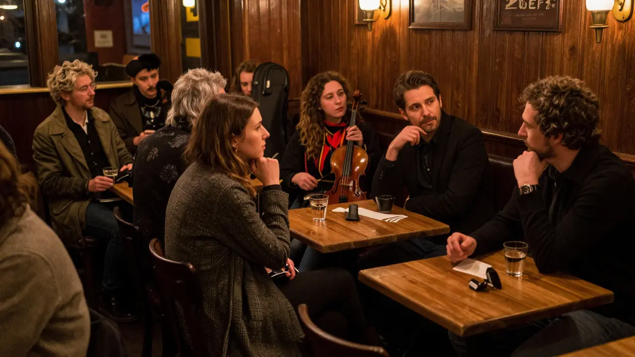 A diverse group in a Berlin jazz bar, listening intently as someone shares stories of international travel.