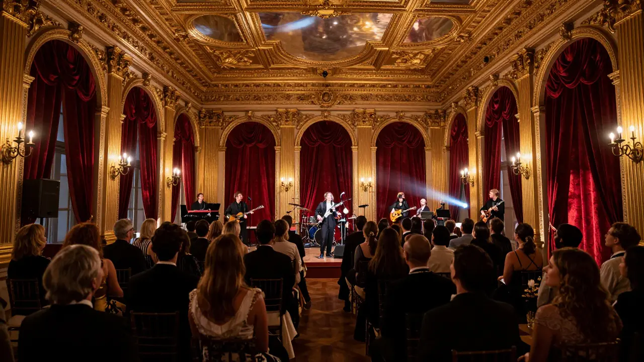 A grand historic theater with a packed audience and a rock band performing under gilded ceilings.