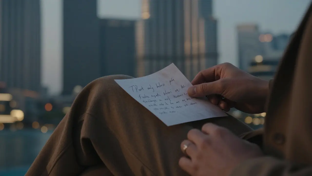 A handwritten note is placed on a folded coat, symbolizing a tender, wordless farewell in a luxury Dubai hotel room.