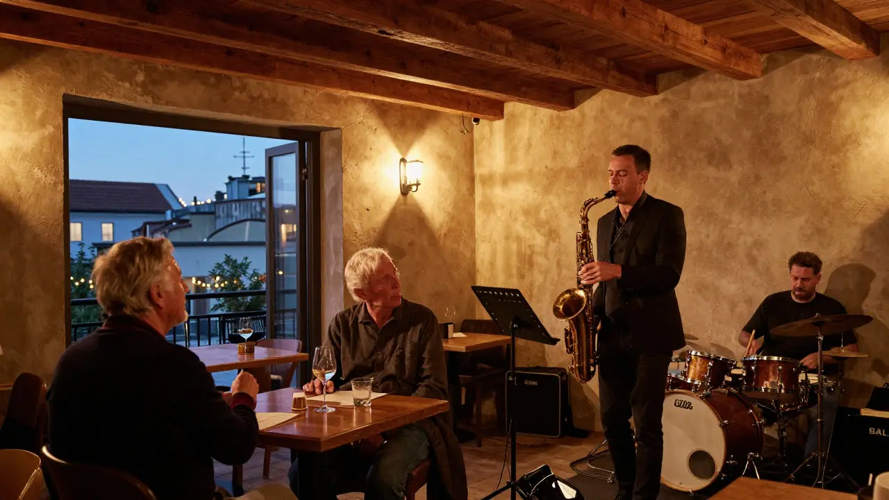A jazz saxophonist performs in a warm, cozy Milan club with listeners at wooden tables.