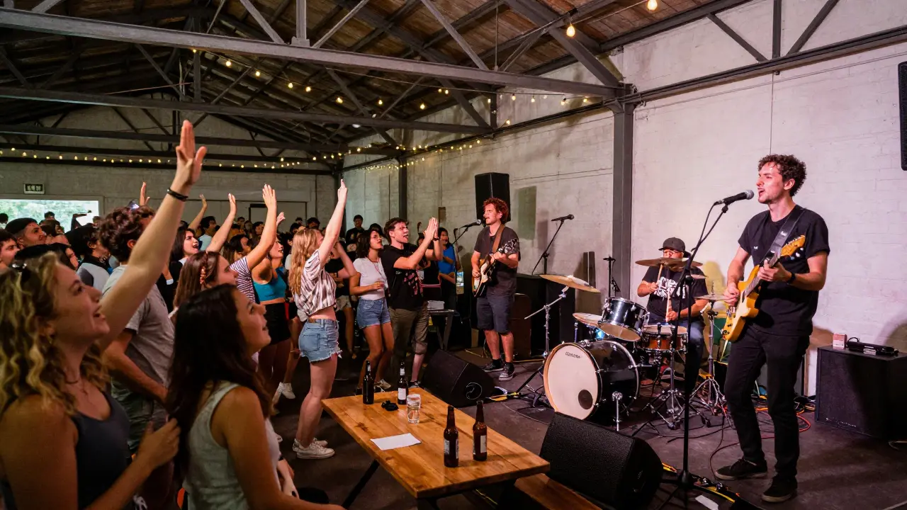 A lively indie band plays on a low stage as a diverse crowd sings and claps in a warehouse venue.