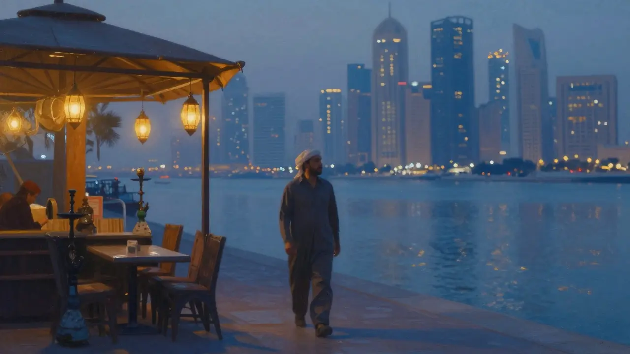 A lone man walking along Dubai Creek at dusk, reflecting under city lights.