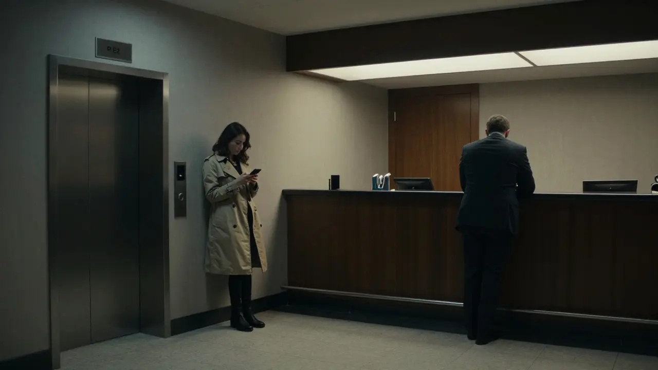 A lone woman and man in a dim hotel lobby, neither speaking, tension in the air under cold fluorescent lights.