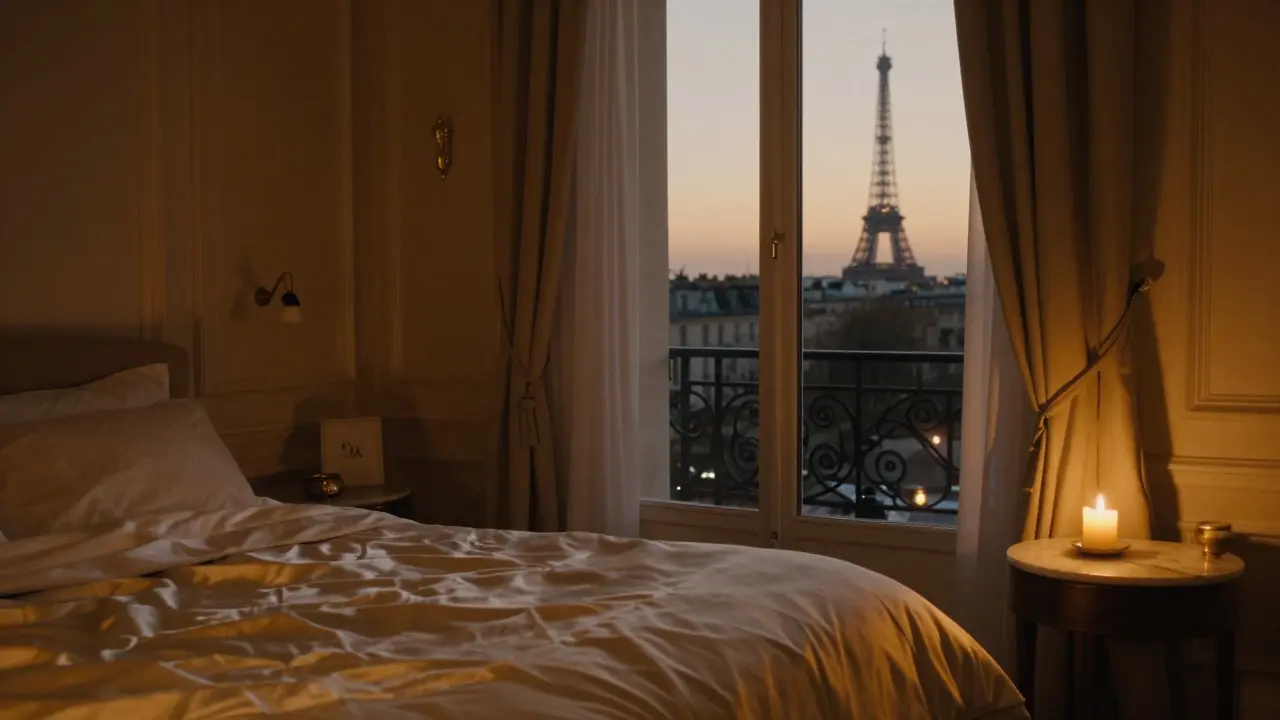 A luxurious Parisian suite at dusk with the Eiffel Tower visible through parted curtains, no one present.