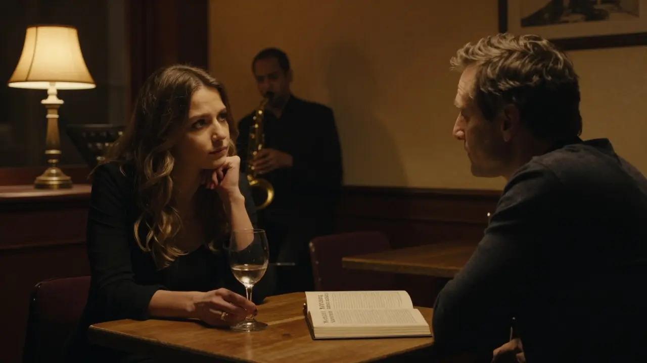 A man and woman sharing a thoughtful moment over wine and a book in a Berlin jazz bar.