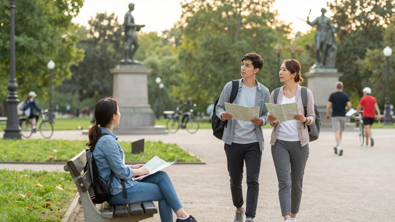 A man and woman walking side by side in Tiergarten park, pausing to admire a sculpture during golden hour.