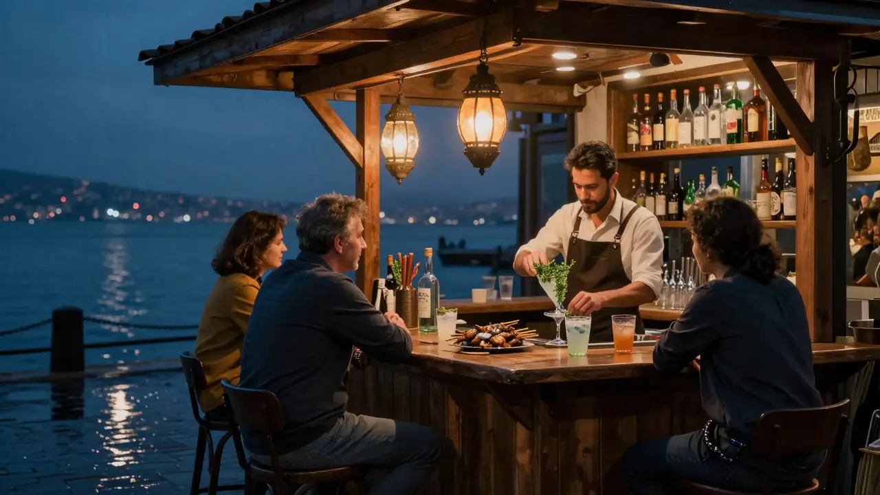 A midnight fish market stall turned cocktail bar, with a bartender mixing drinks and locals chatting softly.