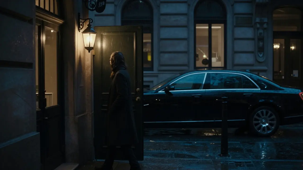 A mysterious figure entering a hidden door behind La Scala, lit only by a single lantern in the rain.