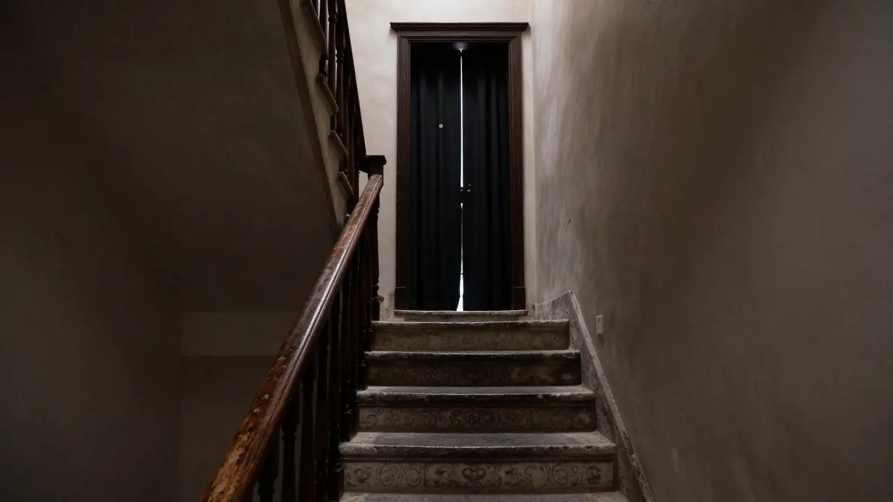 A narrow, old stone staircase leading to a hidden door with sealed blackout curtains, conveying secrecy.