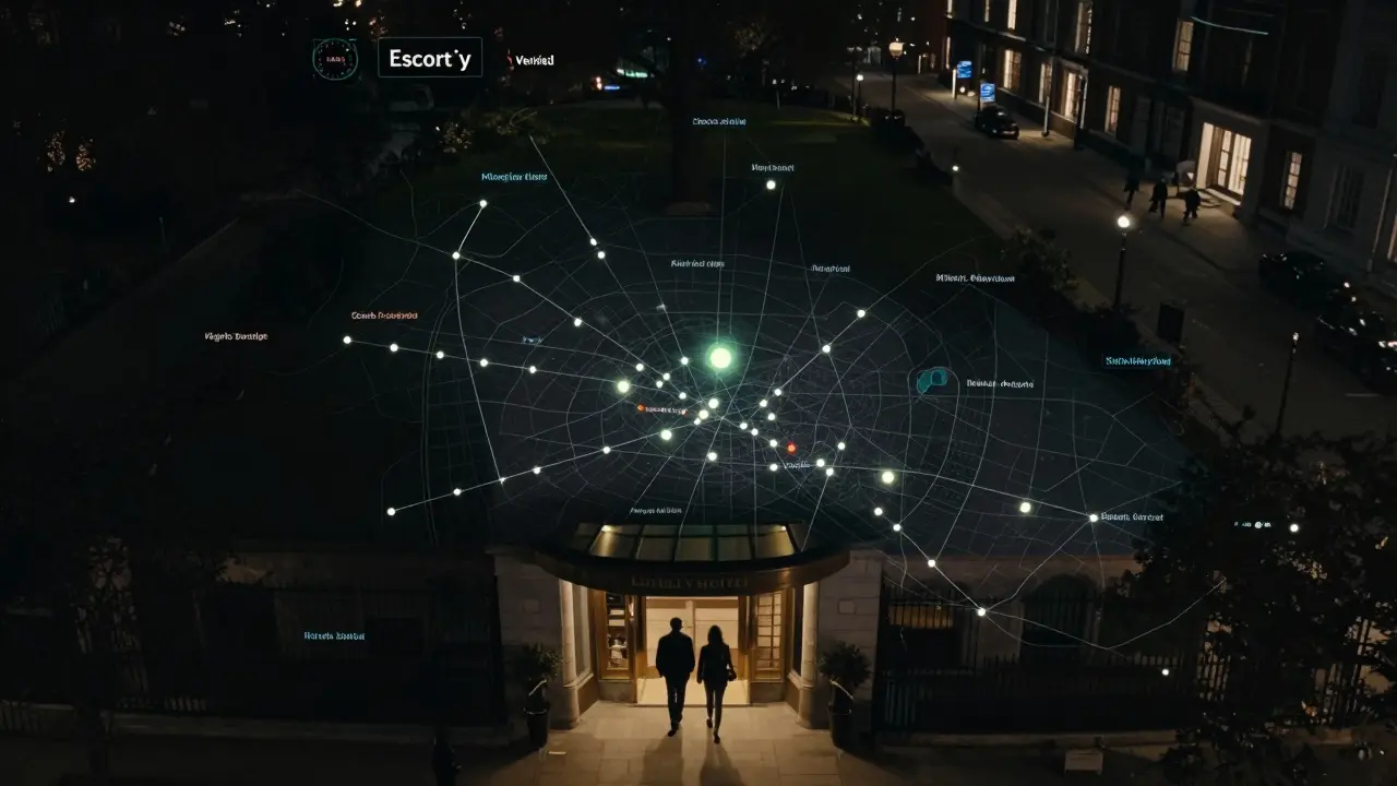 A night map of London showing verified escort locations concentrated in safe districts, with a couple entering a luxury hotel.