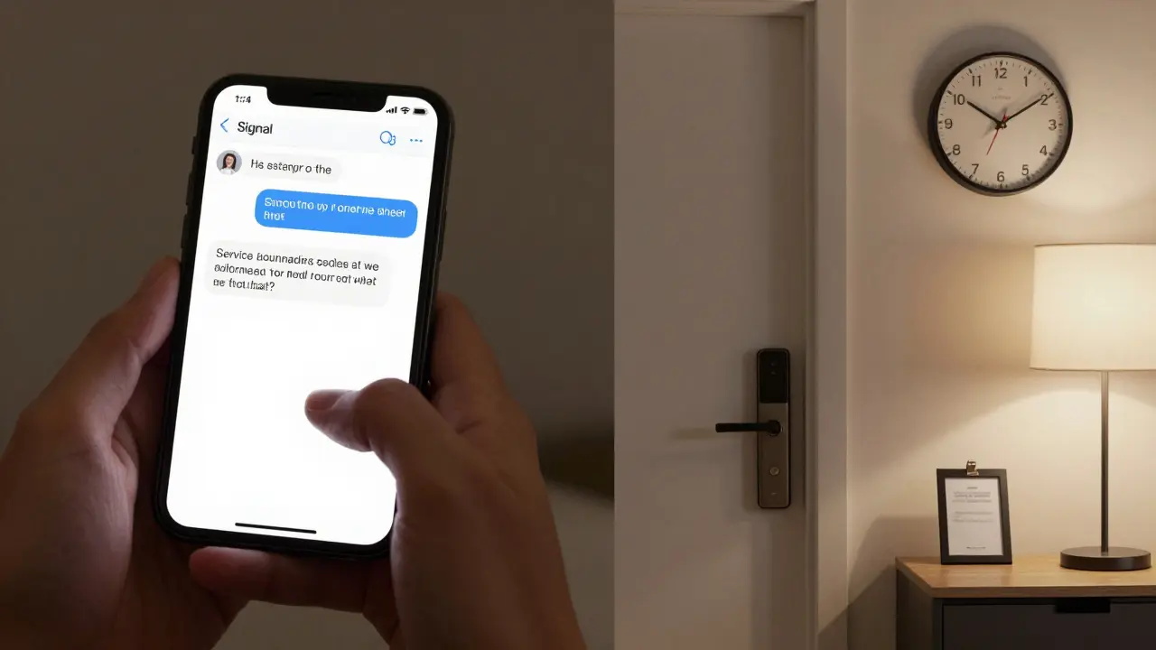 A person using encrypted messaging while in a secure, professionally appointed private space.