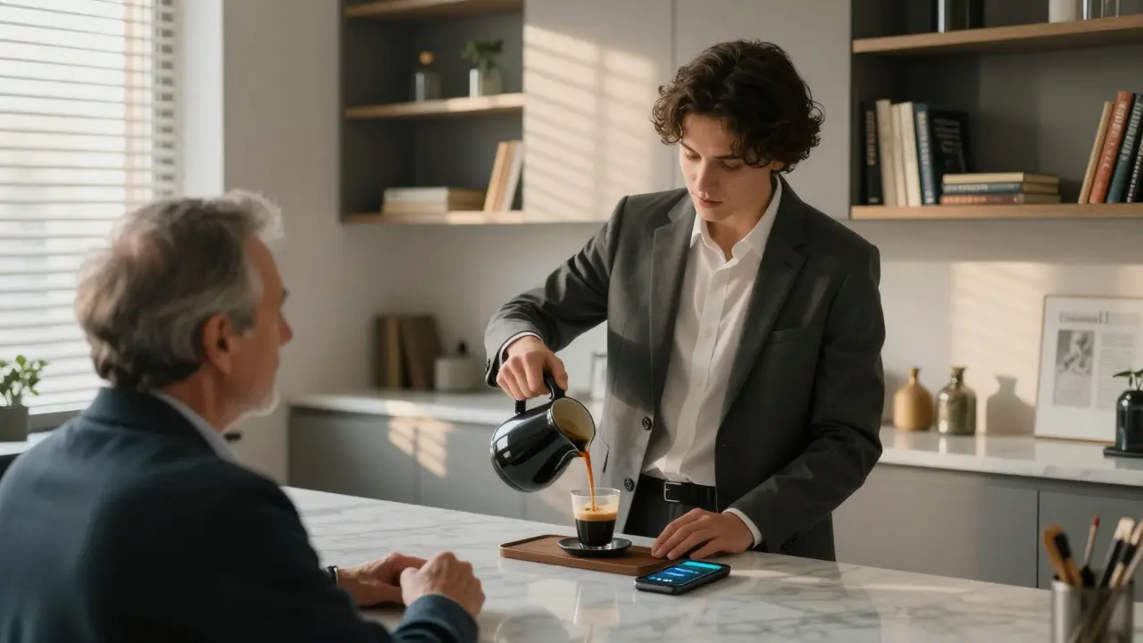 A professional companion serving espresso in a Brera apartment, burner phone and books visible.