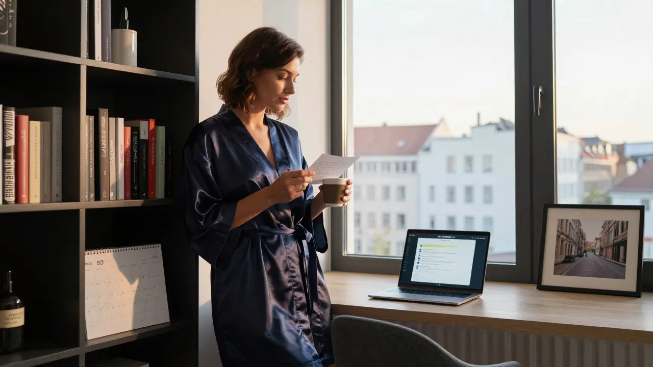 A professional woman in her Berlin apartment at dawn, surrounded by signs of careful work and privacy.