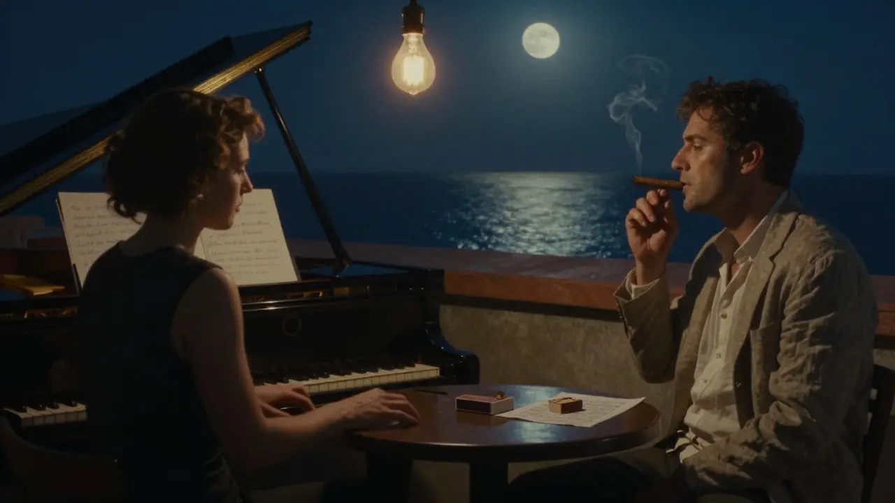 A quiet rooftop piano bar at night, a woman playing Chopin as a man smokes a cigar under moonlight, a matchbox on the table.