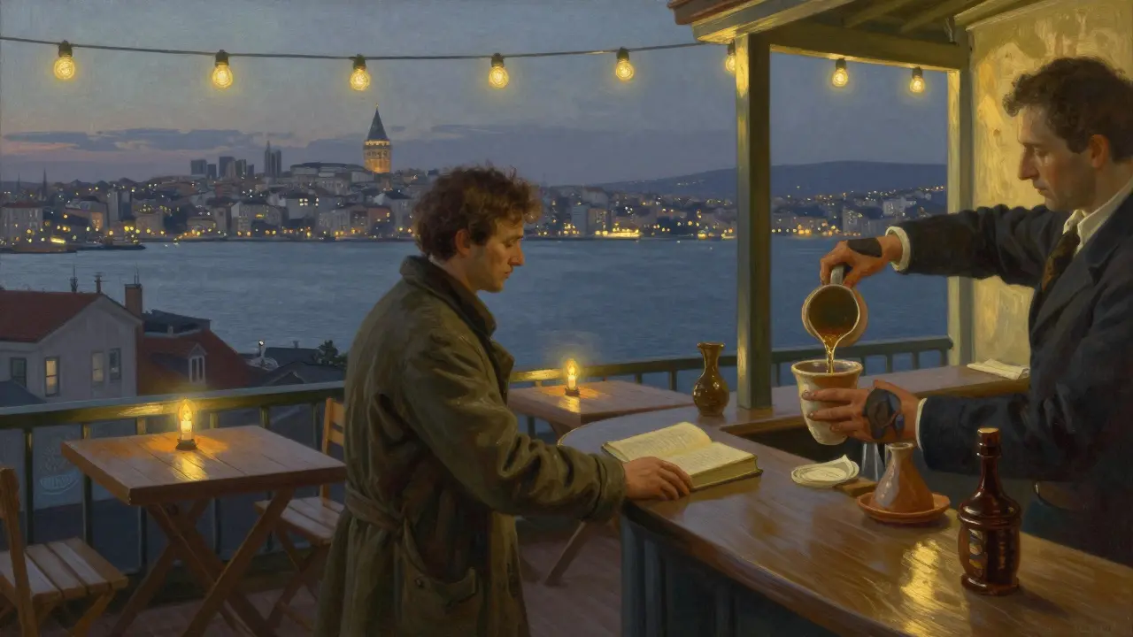 A quiet rooftop terrace in Galata at dawn, with handmade mugs and a view of the Bosphorus.