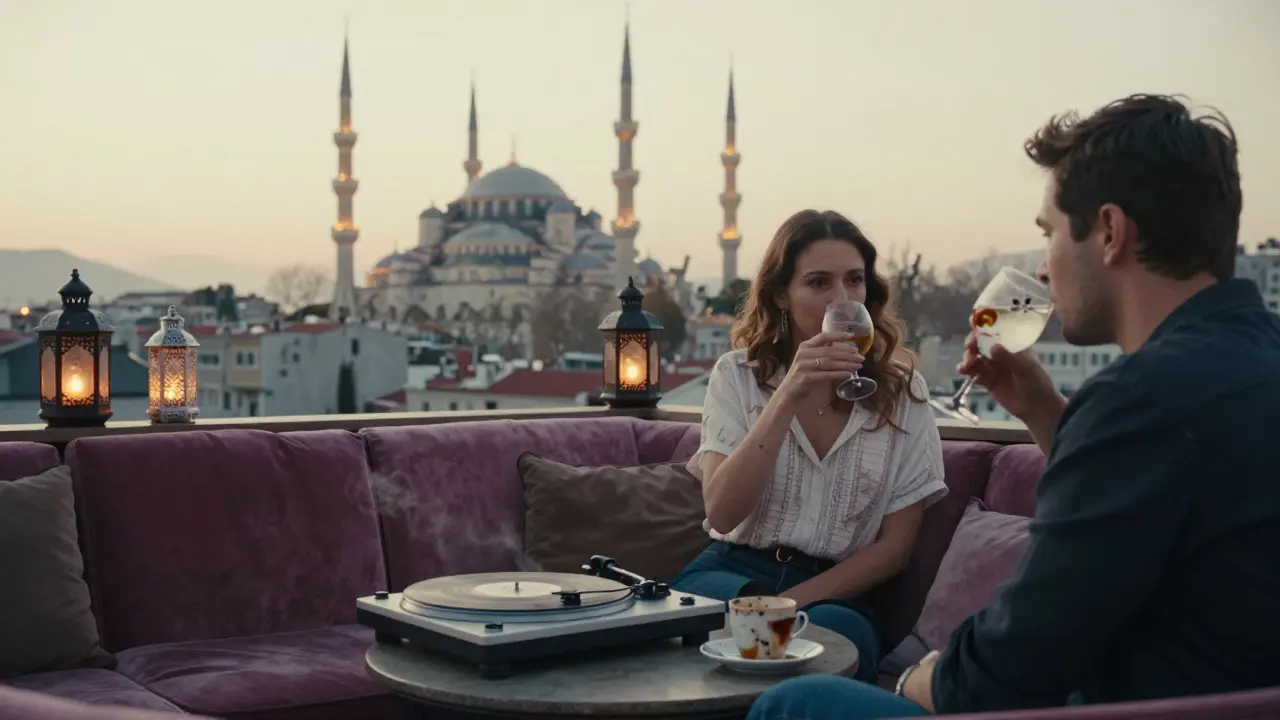 A rooftop lounge in Nişantaşı at dawn with a view of the Blue Mosque and couples sipping Ottoman-inspired cocktails.