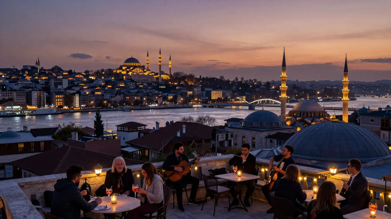 A rooftop terrace overlooking Istanbul's skyline at twilight, patrons sipping drinks as jazz plays softly.