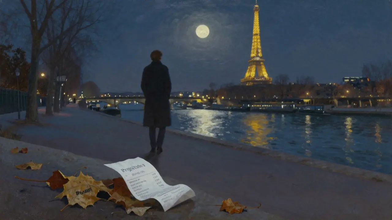 A solitary figure walking by the Seine at night, Eiffel Tower glowing in the distance, a receipt fading among autumn leaves.