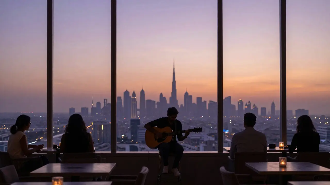 A solo guitarist performs at sunset on a high-floor lounge with Dubai's skyline in the background.