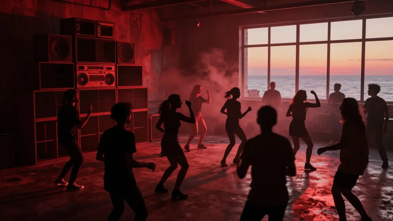 A warehouse rave at dawn, silhouetted dancers moving to techno under red lights and Soviet-era sound equipment.