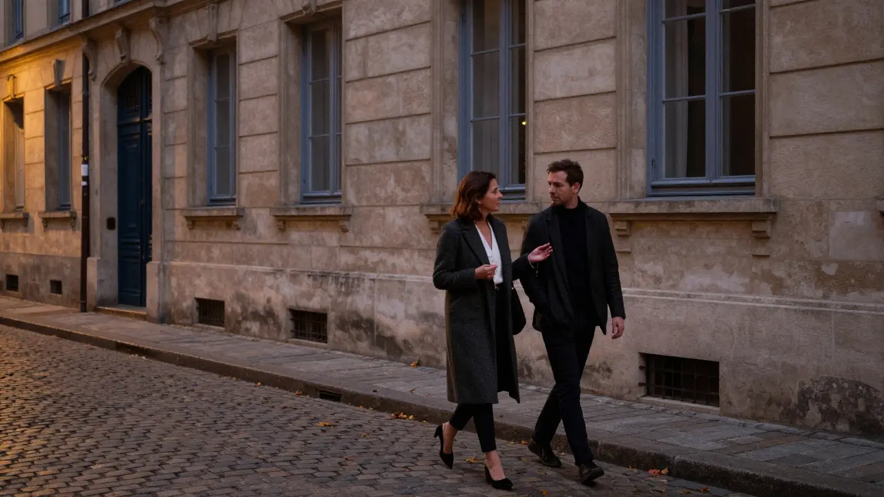 A woman and man walking through Le Marais, discussing historic architecture as autumn leaves fall around them.