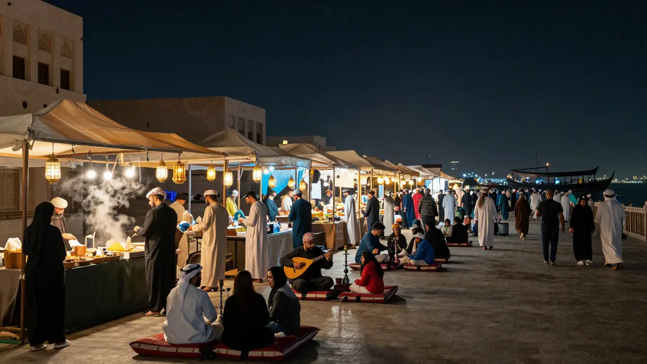 Al Karama Nights market buzzing with food stalls, music, and lanterns under the night sky.