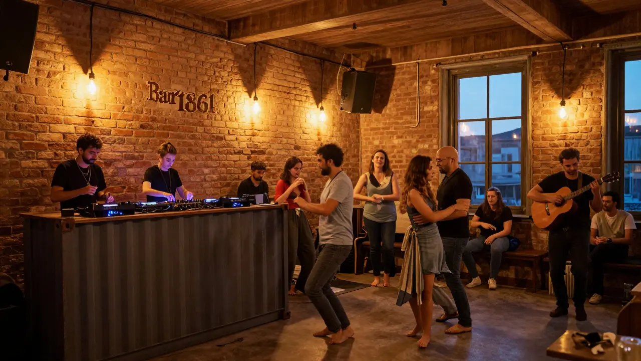 All-night underground club in Karaköy with Edison bulbs and locals dancing to Turkish beats as dawn approaches.