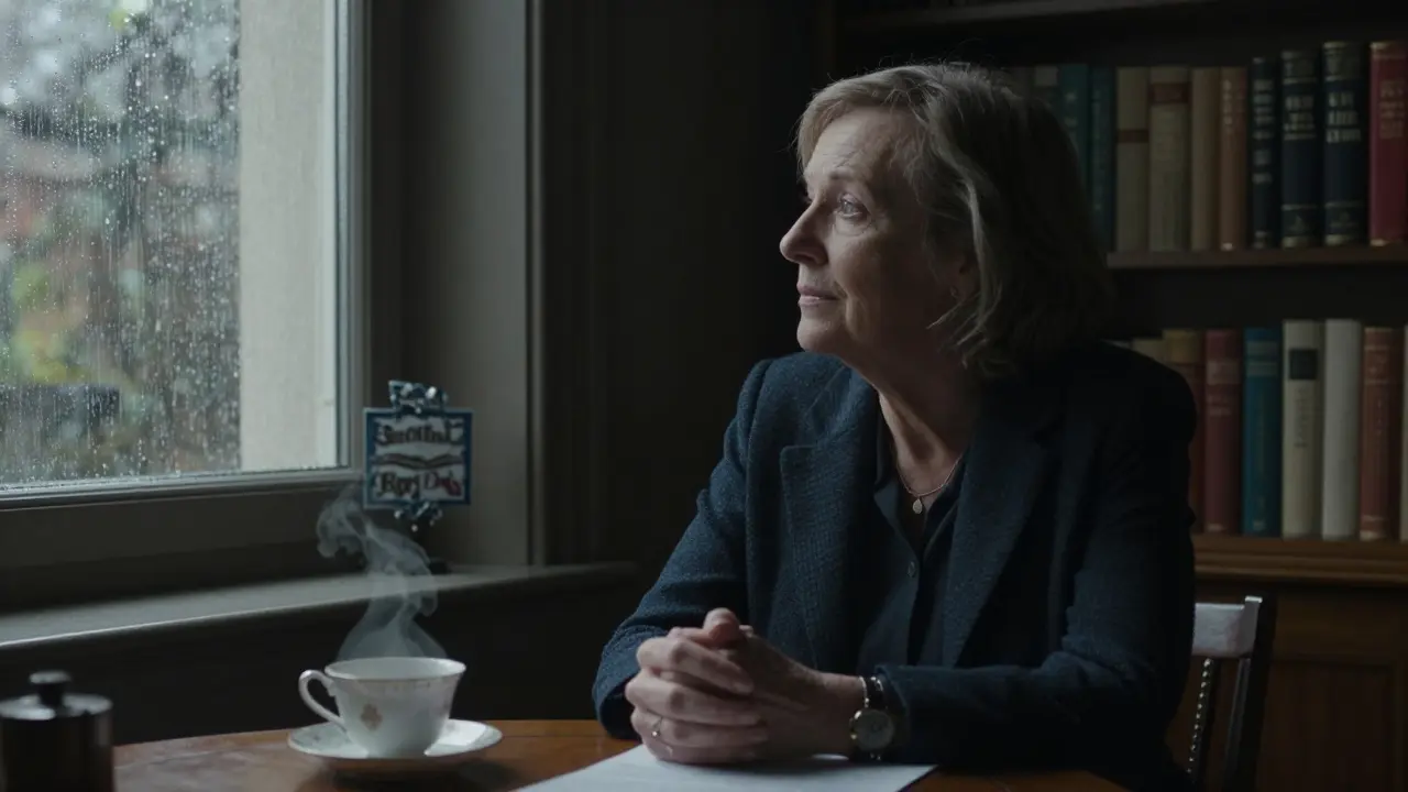 An elderly escort sitting by a rainy window, surrounded by books, lost in thoughtful reflection.