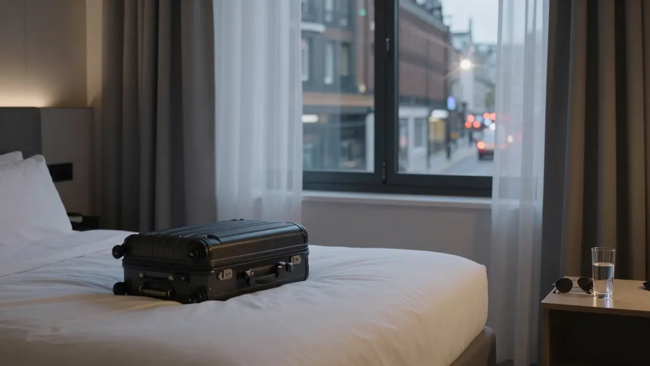 An empty hotel room with sunglasses and a glass of water on the nightstand, curtains half-drawn.