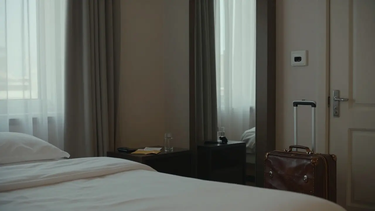 An empty hotel suite at dawn with a burner phone and sealed envelope on the nightstand, no one present.