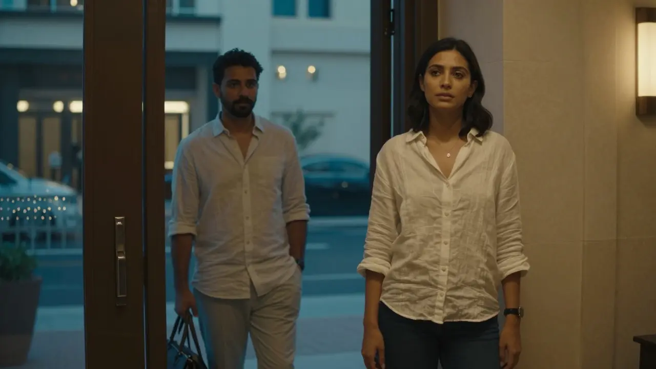 An escort pauses at a hotel doorway, looking back as a client lingers, capturing a moment of quiet mutual respect.