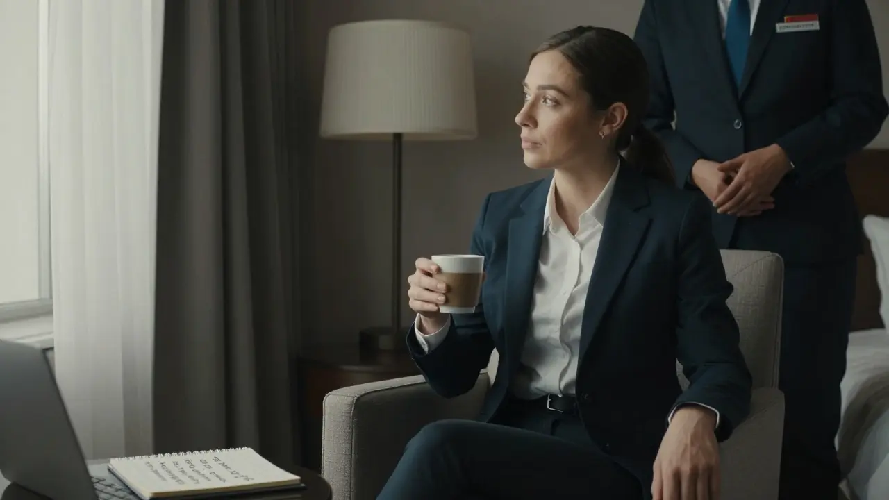 An escort subtly mirrors a client's posture in a hotel room, observing his unspoken cues under soft lamplight.