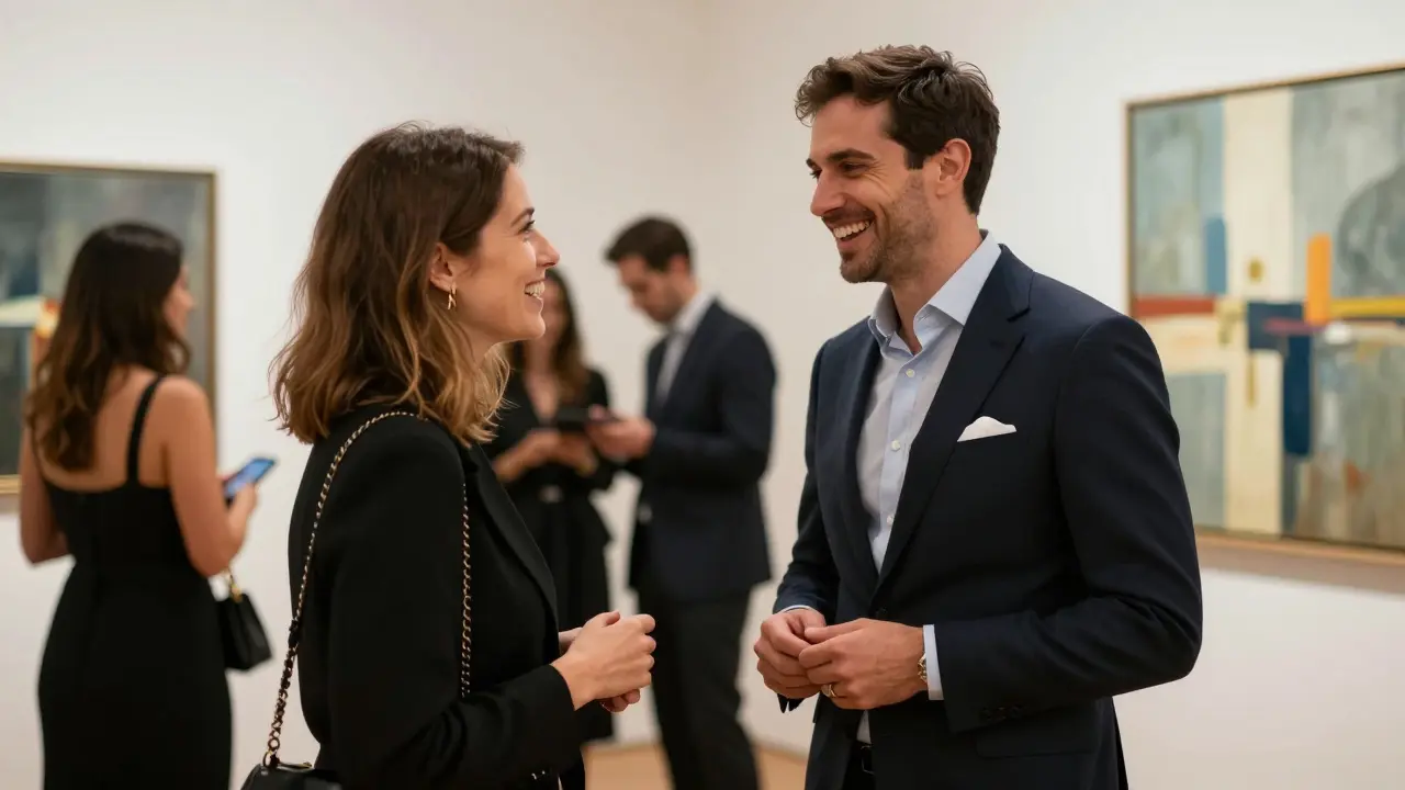 An executive and their companion engage effortlessly at an exclusive Milan gallery opening.