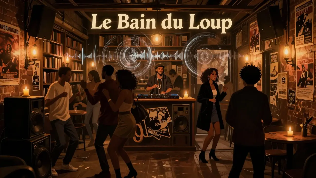 An underground dance club lit by candles, people dancing in a humid room with vintage speakers and posters.