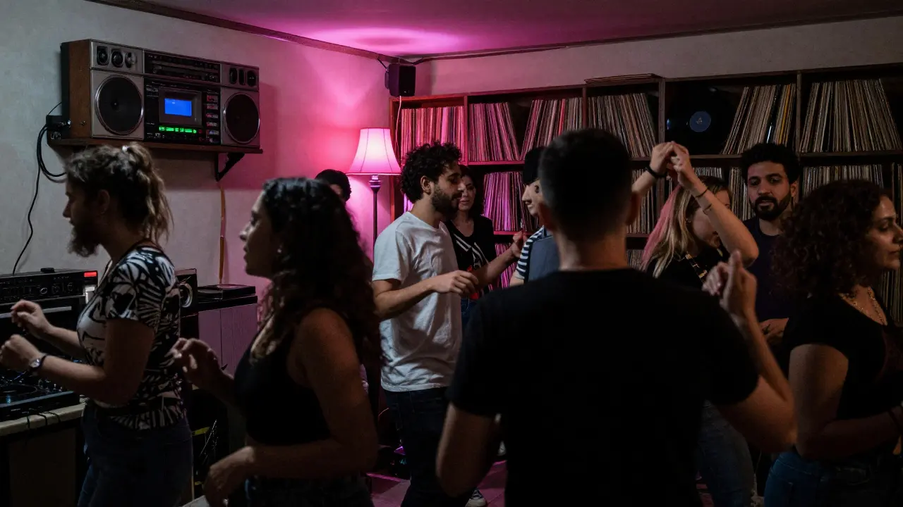 An underground warehouse club in Kadıköy where people dance to Turkish techno under flickering neon lights.