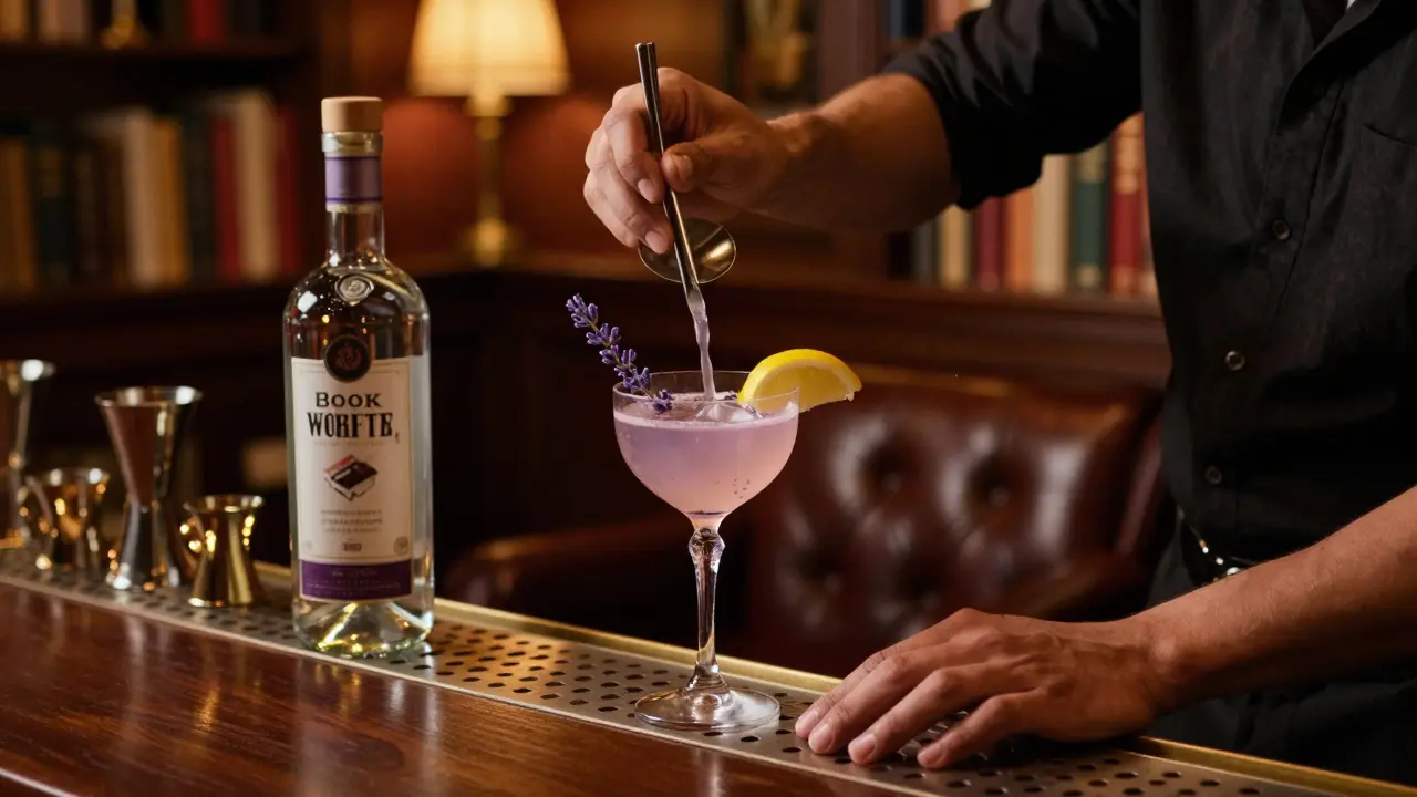 Bartender crafting a lavender gin cocktail in a book-filled speakeasy.