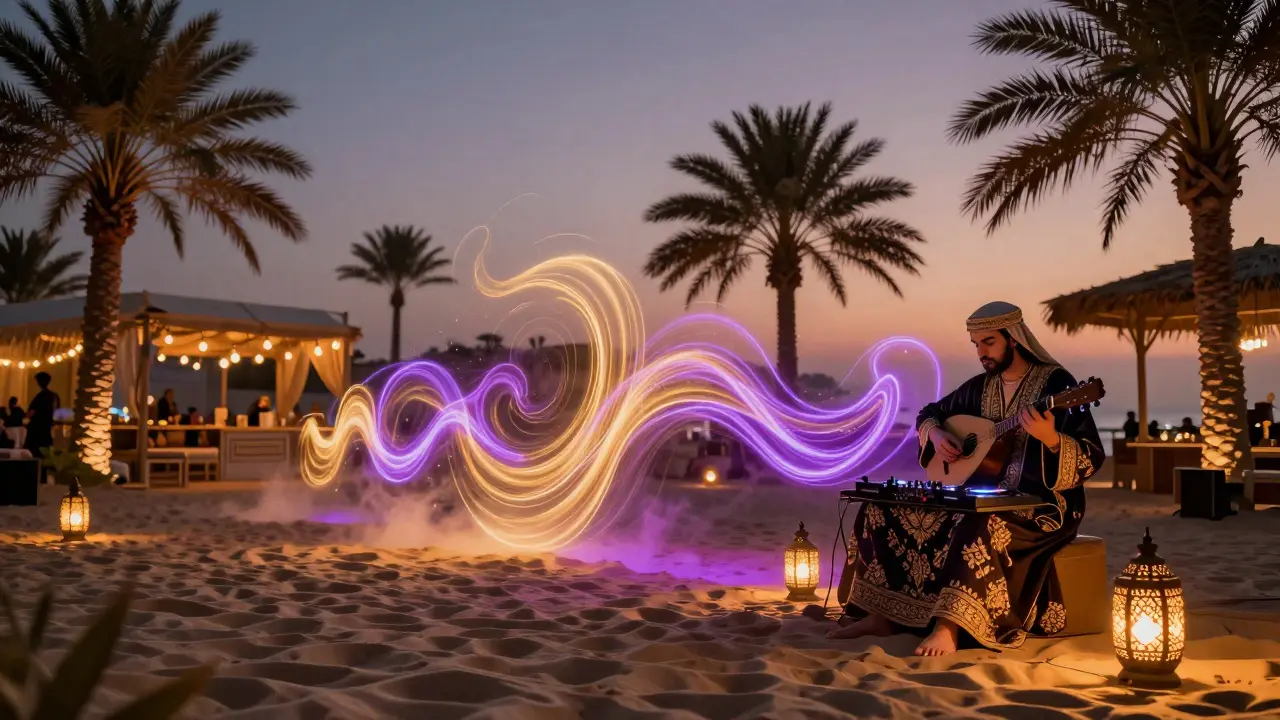 Beach club blending traditional Arabic decor with modern electronic music lights.