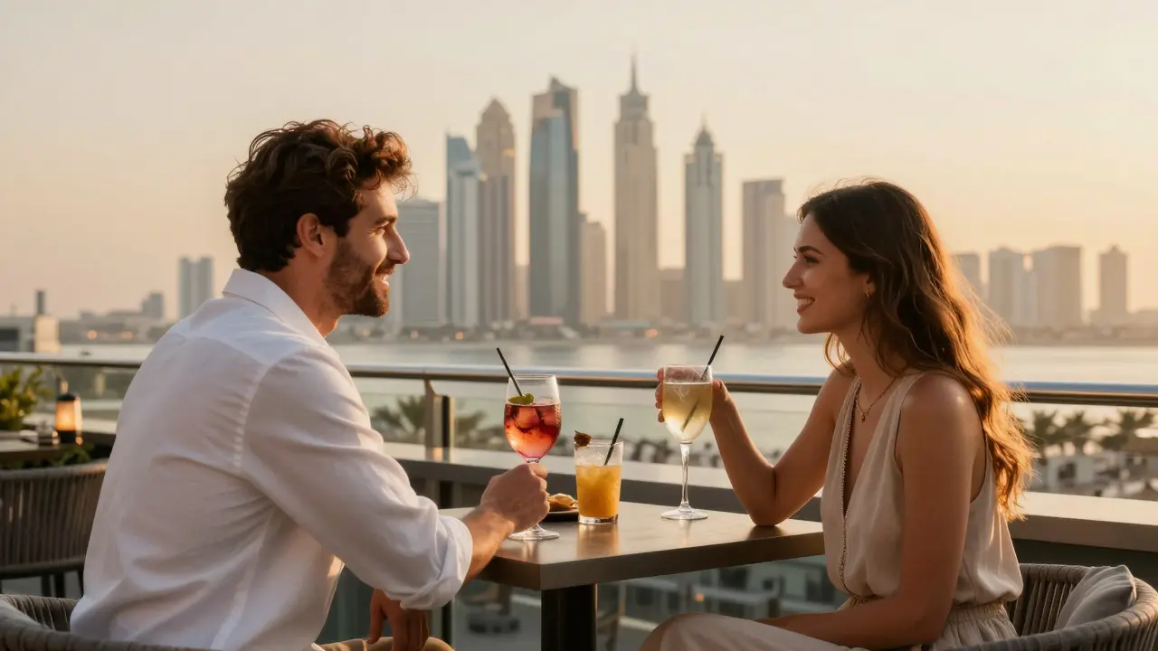 Couple at W Abu Dhabi rooftop bar with city skyline views