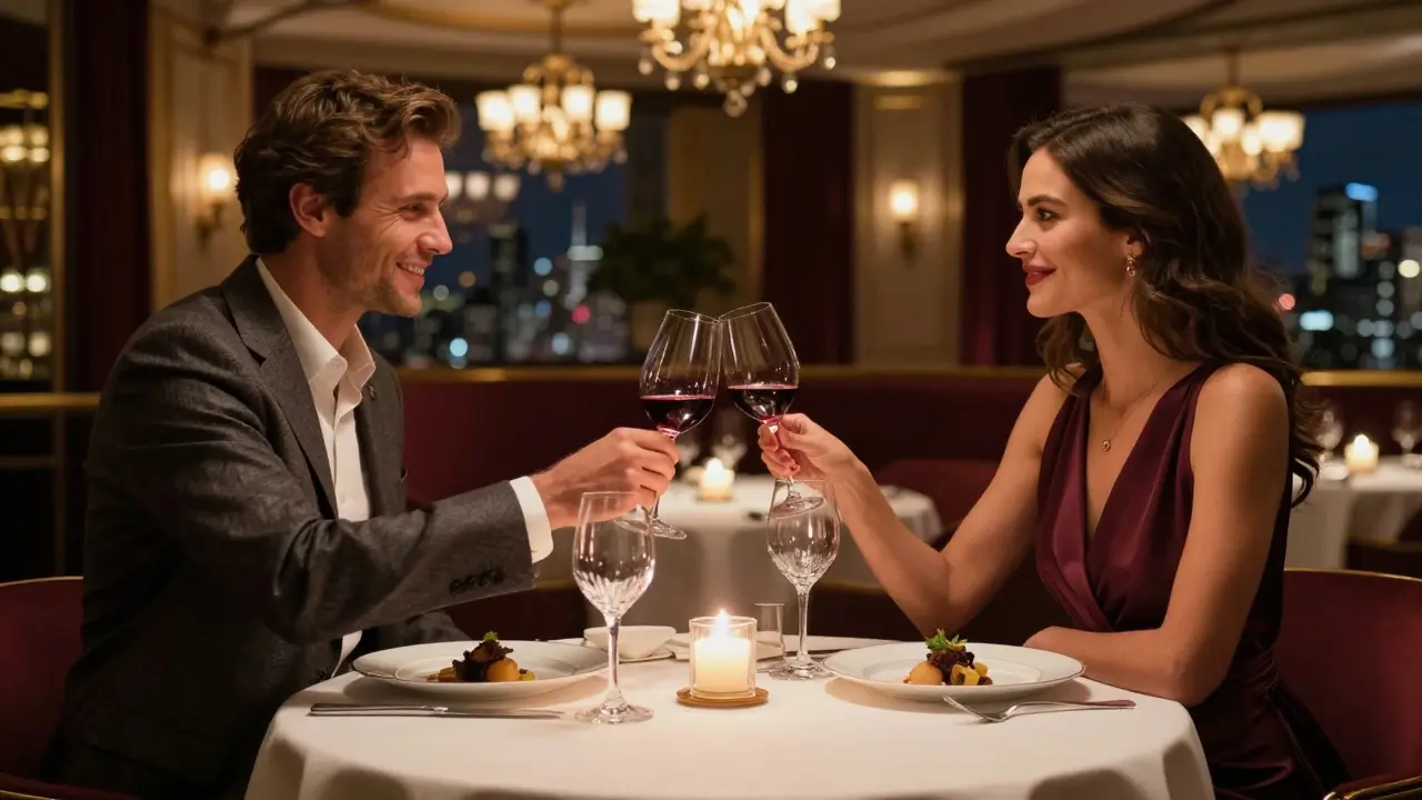 Couple dining at Michelin-starred restaurant in Milan sharing a toast.
