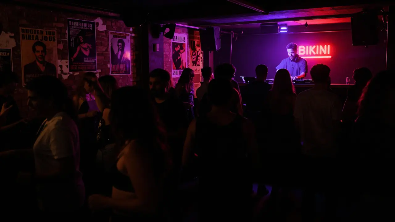 Crowded dance floor in a raw, neon-lit Milan nightclub with a DJ spinning techno music.