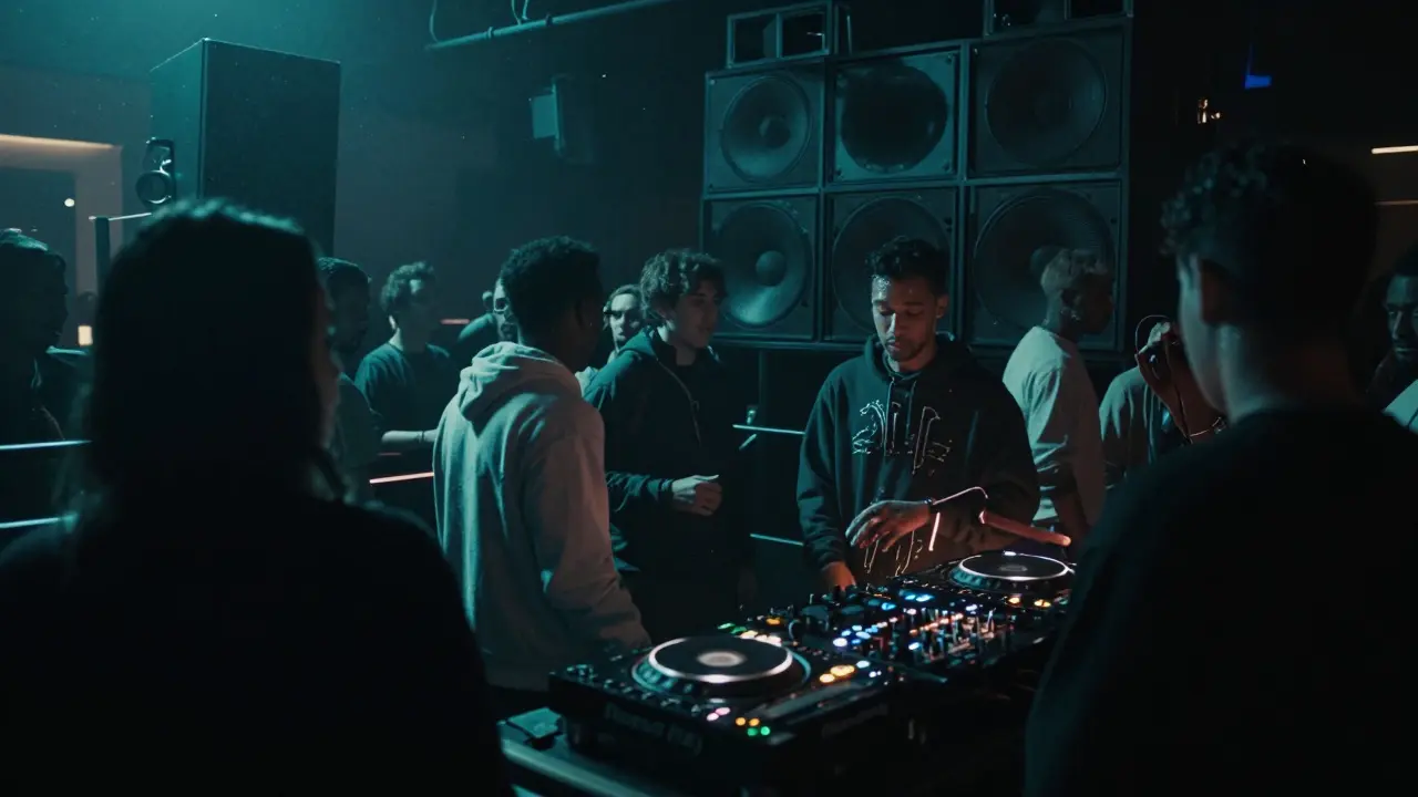 Dark club with crowd dancing to deep house music under pulsing low lights.