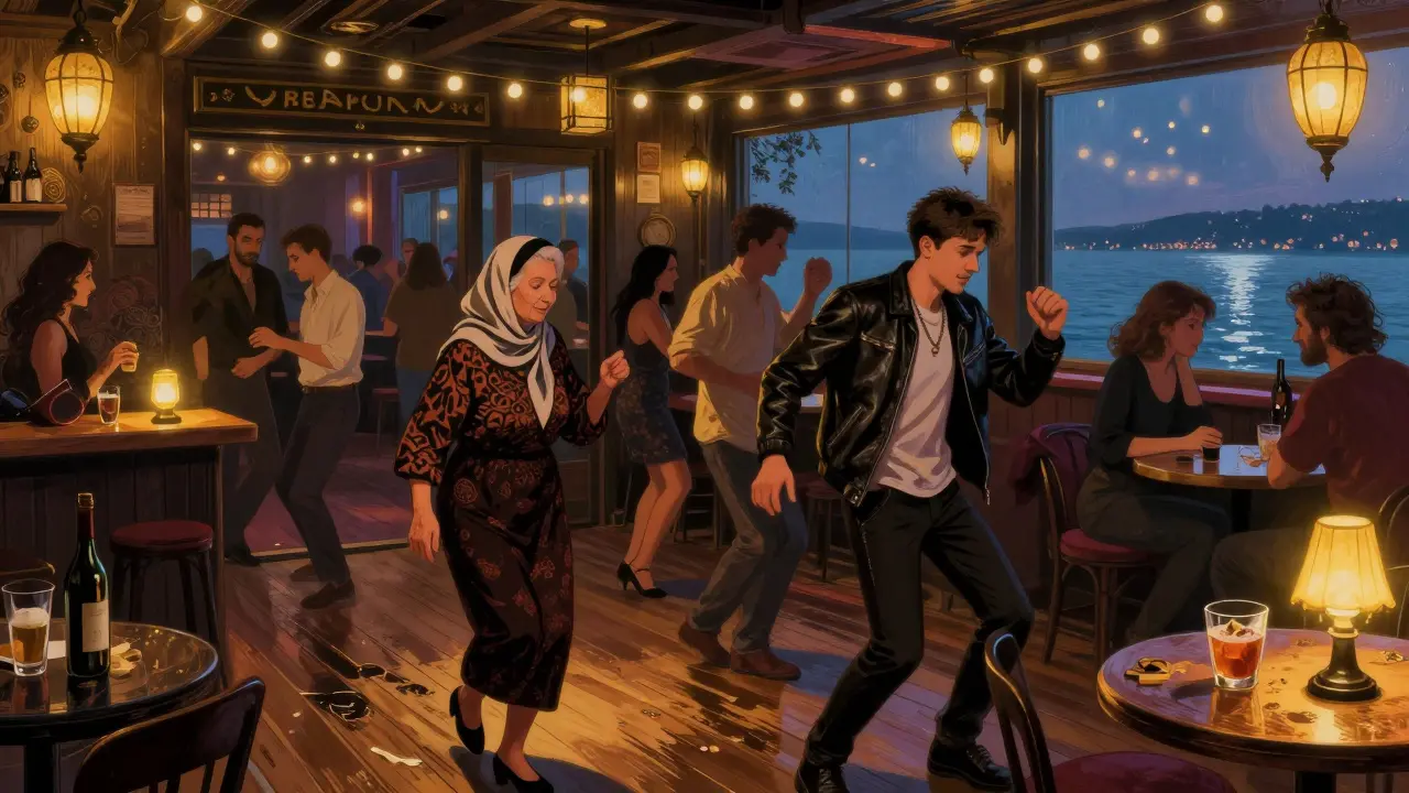 Diverse crowd at Reina nightclub, grandmother walking past as a young man dances inside.