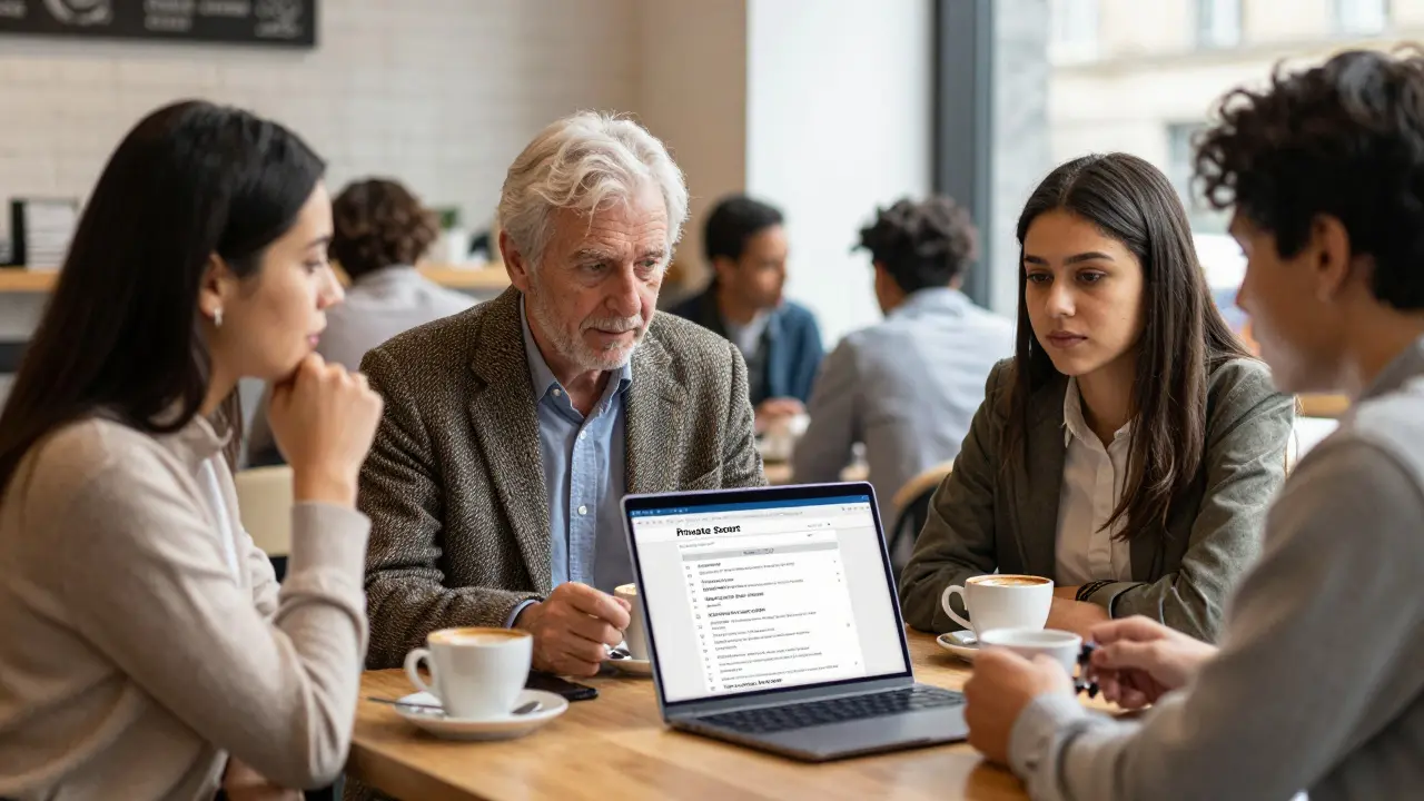 Diverse group in a London café, quietly chatting, laptop showing discreet escort directory.
