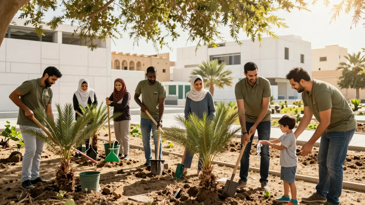 Diverse group volunteering in a community garden near Louvre Abu Dhabi, sharing tools and smiling.