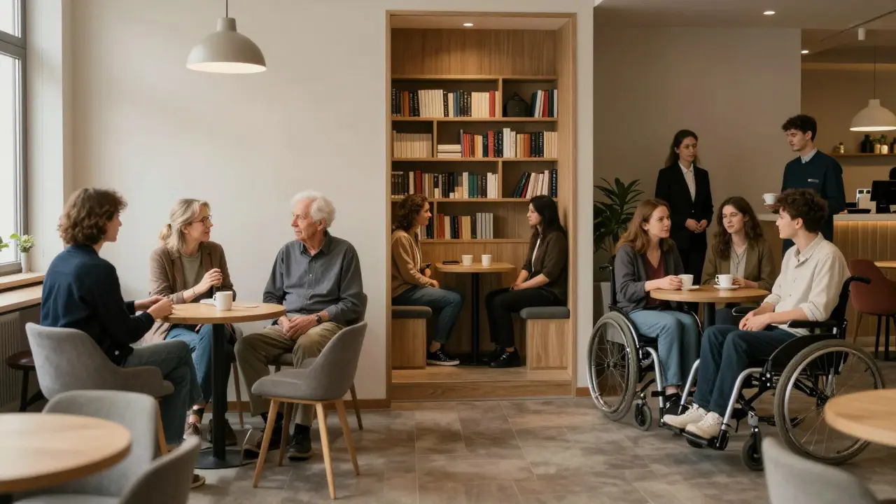 Diverse individuals in Berlin engaging in respectful, non-sexual conversations with escorts in calm public spaces.