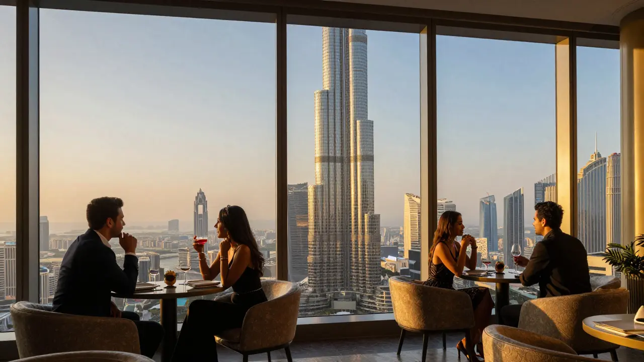 Elegant dining at At.mosphere restaurant with Dubai skyline view.