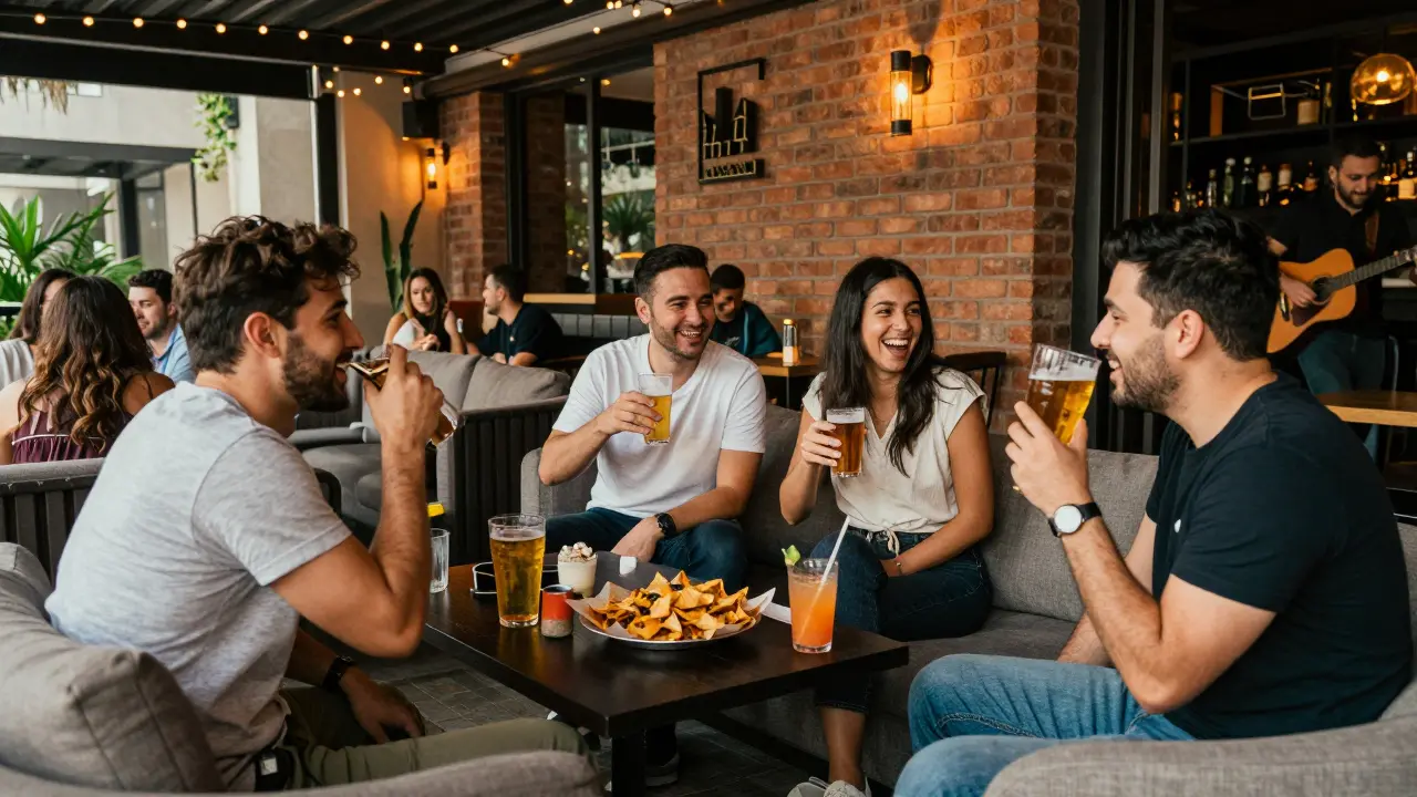 Friends laughing over beers and nachos at Bar 11 under warm string lights during happy hour.
